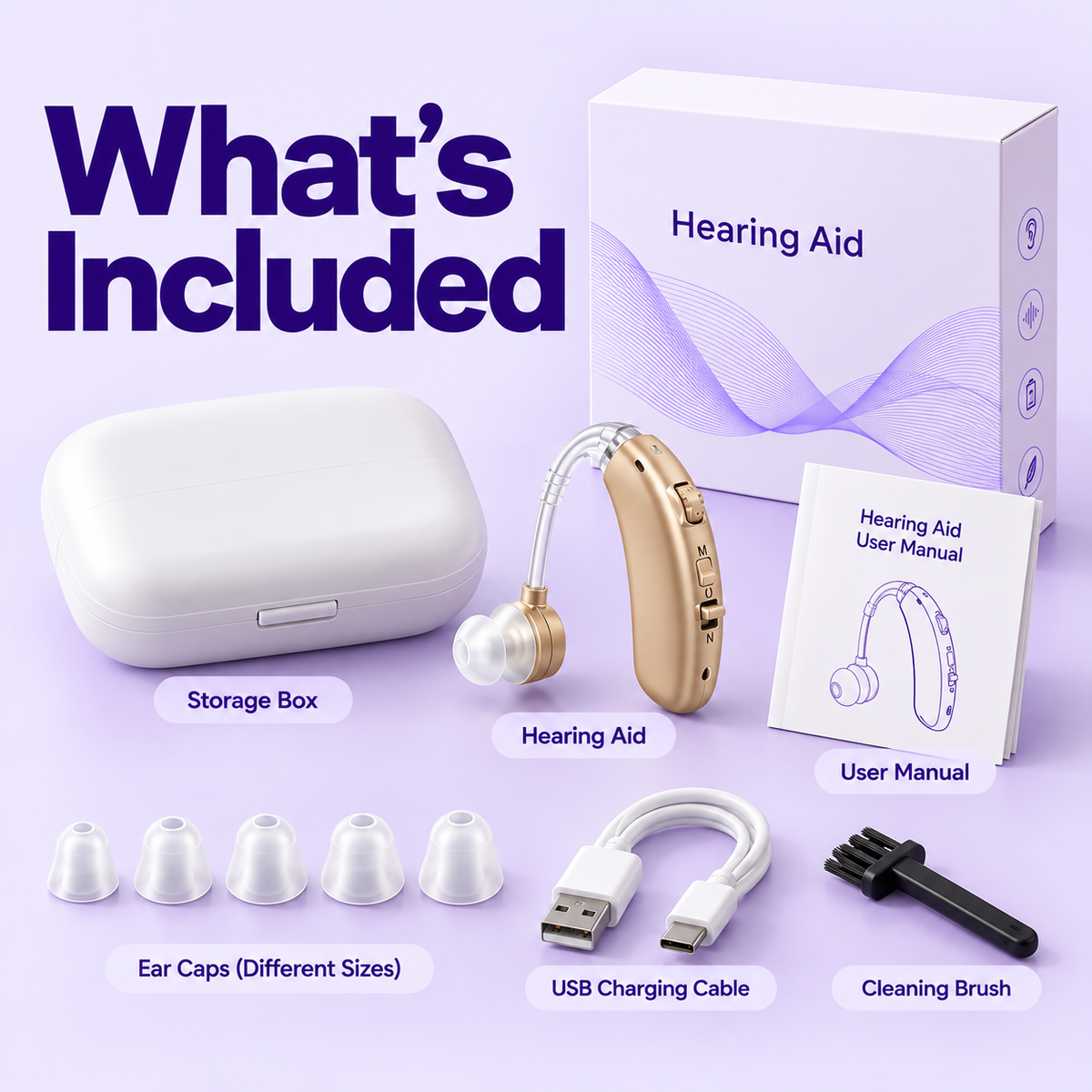 Lumana rechargeable hearing aid kit with storage case, USB charging cable, ear tips and cleaning brush