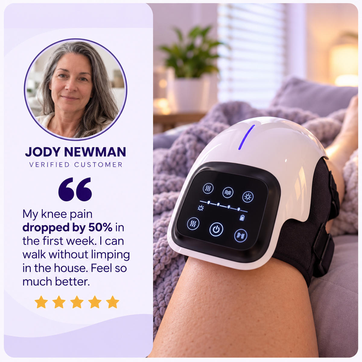Customer review card beside the LUMANA heated knee massager worn on a woman's knee at home