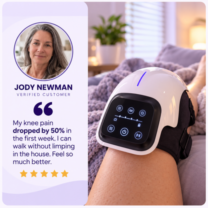 Customer review card beside the LUMANA heated knee massager worn on a woman's knee at home