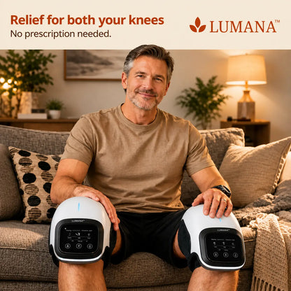 man relieved with Lumana knee massager on both knees