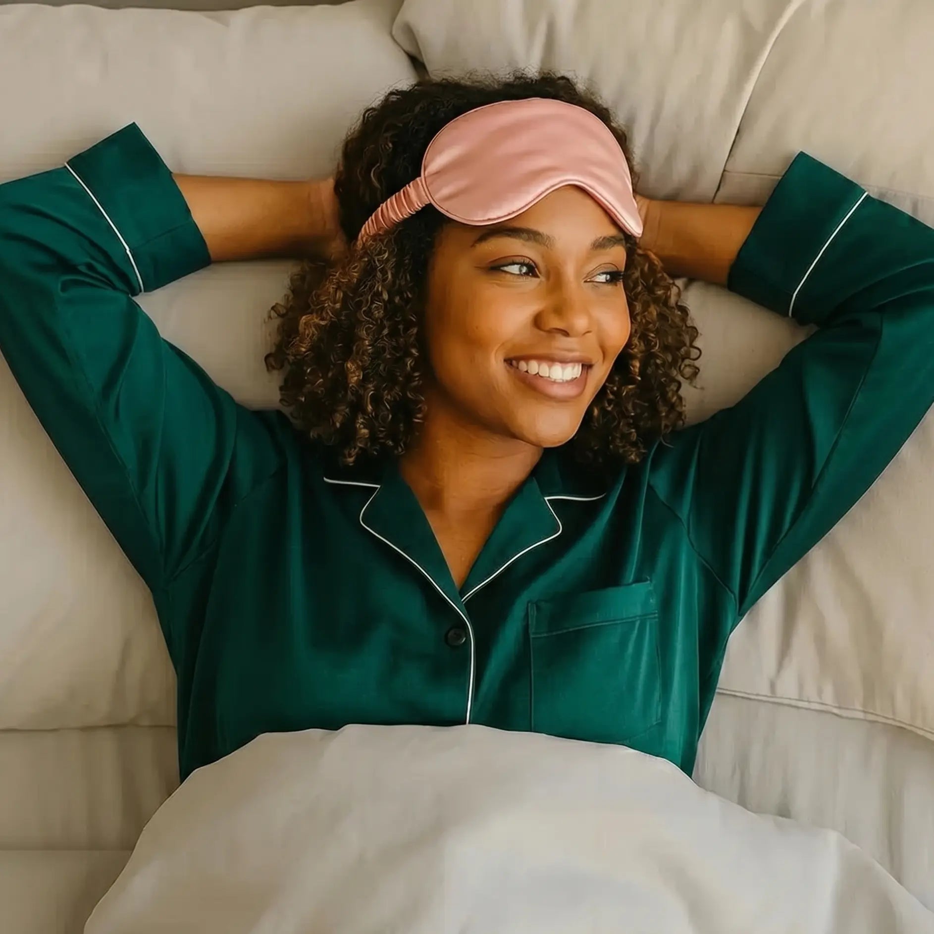 lady waking up happy after using Lumana pink silk sleep mask