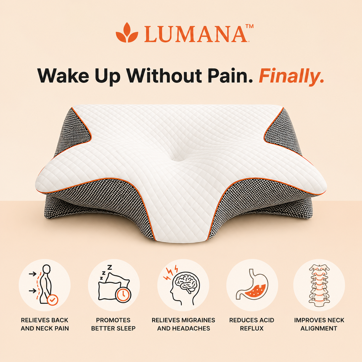 LUMANA Relief Pro Pillow benefits including neck support, spinal alignment, improved sleep comfort, headache relief, and pressure reduction.