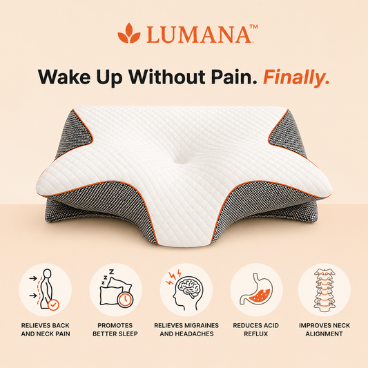 LUMANA Relief Pro Pillow benefits including neck support, spinal alignment, improved sleep comfort, headache relief, and pressure reduction.