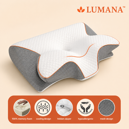 LUMANA Relief Pro Pillow ergonomic memory foam pillow designed for side, back, and stomach sleepers with neck and shoulder support.