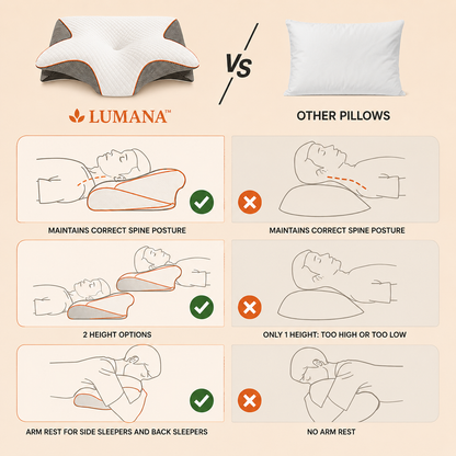 Comparison showing how the LUMANA Relief Pro Pillow supports spinal alignment, multiple sleep positions, and arm support compared to regular pillows.