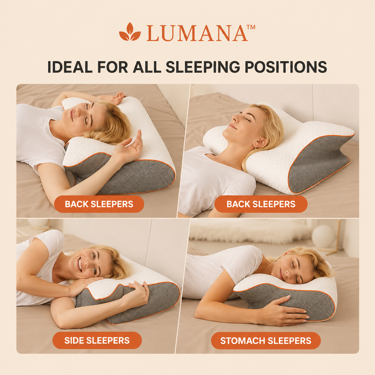 Woman using the LUMANA Relief Pro Pillow in side sleeping, back sleeping, and stomach sleeping positions.