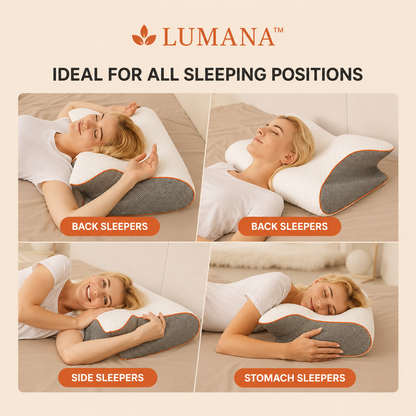 Woman using the LUMANA Relief Pro Pillow in side sleeping, back sleeping, and stomach sleeping positions.