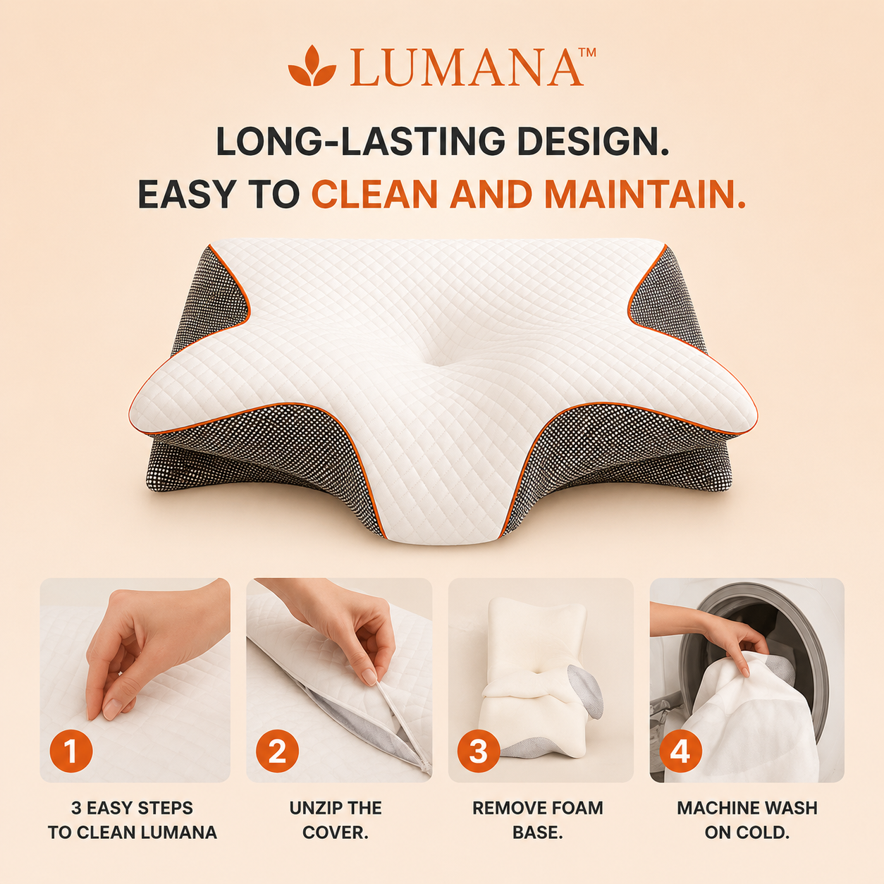 LUMANA Relief Pro Pillow with removable machine-washable cover and durable memory foam construction.