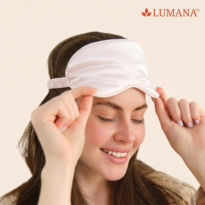girl woke up relaxed after using Lumana silk sleep mask
