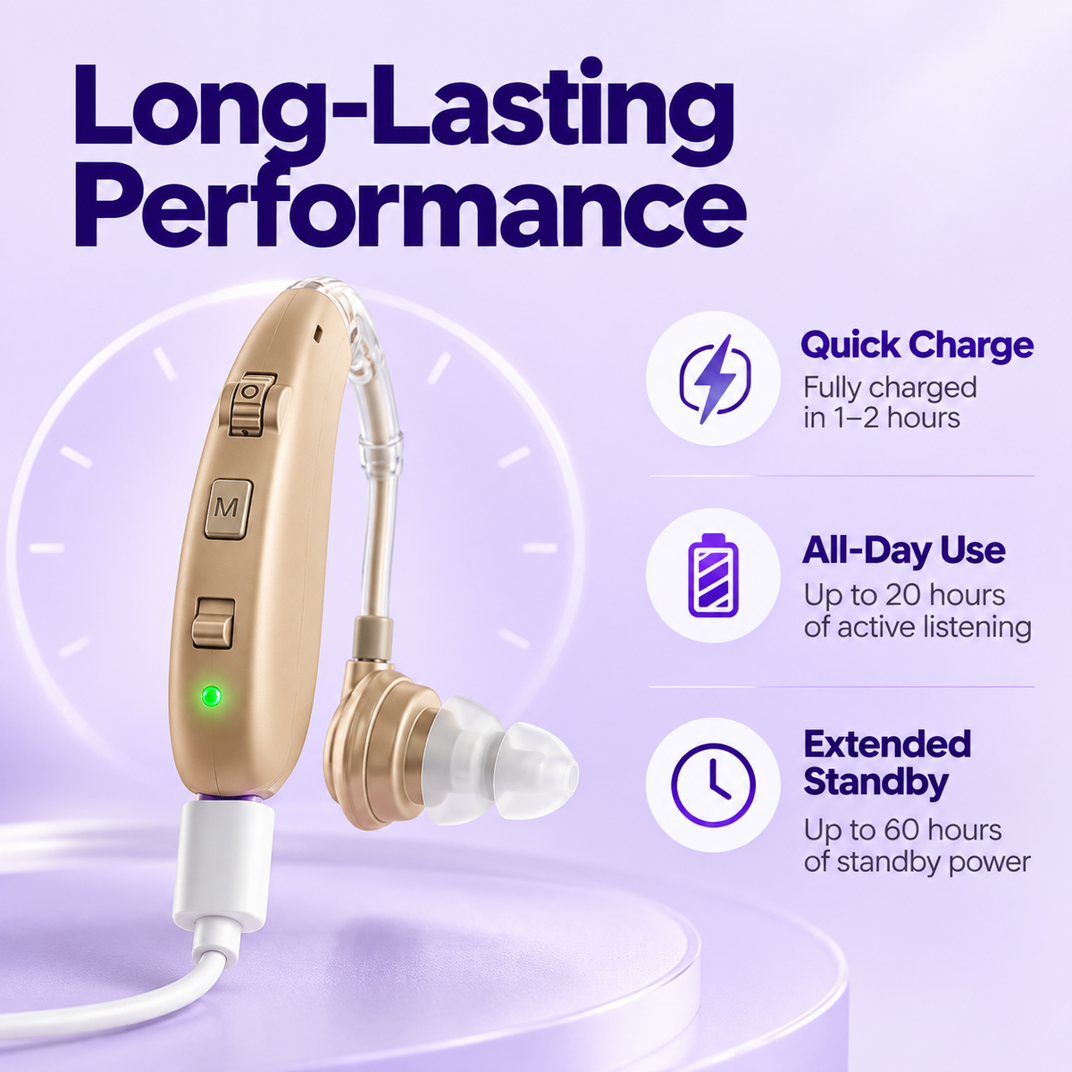 Lumana USB rechargeable hearing aid connected to a charging cable for convenient daily use