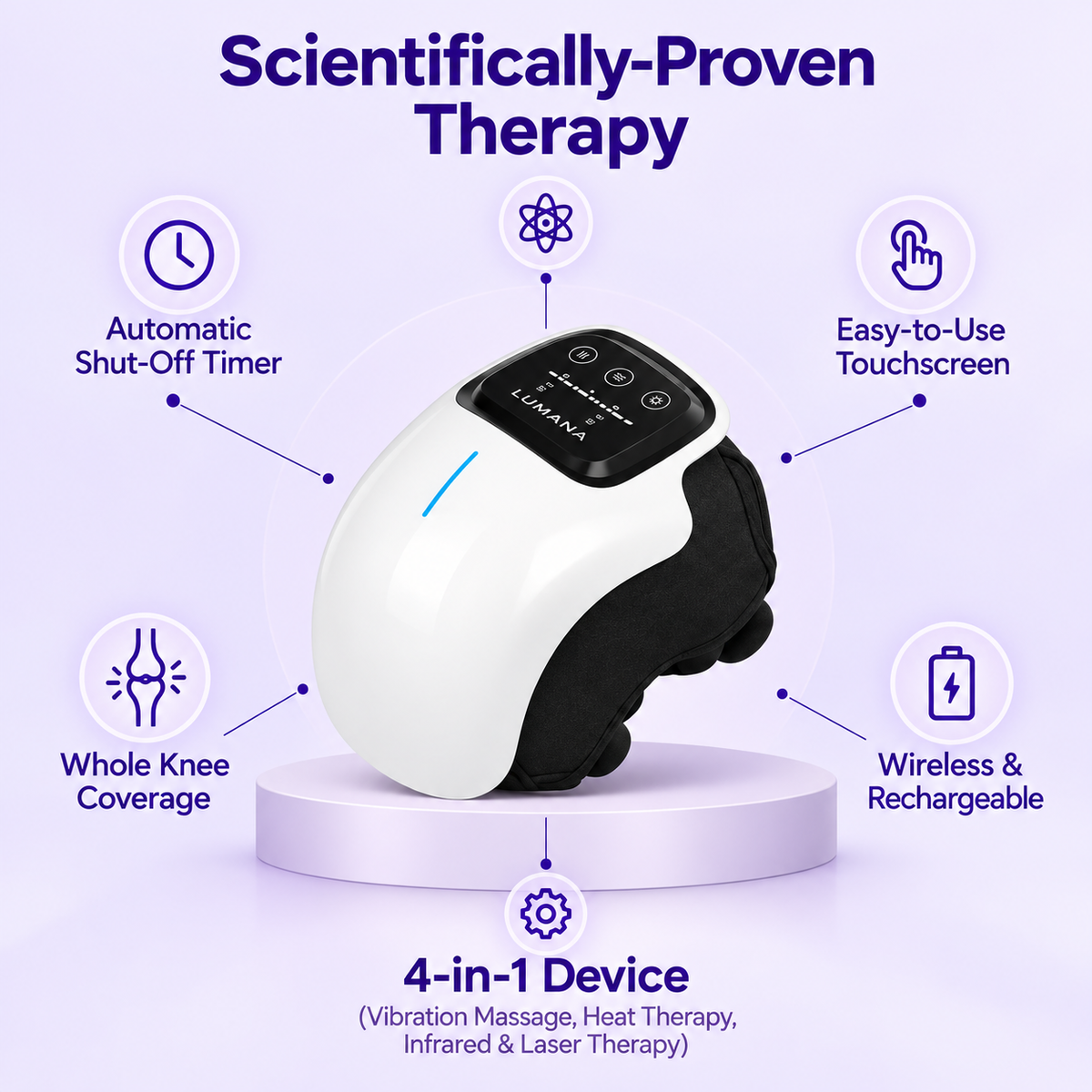 LUMANA wireless knee massager with heat, vibration and infrared light, touchscreen, auto shut-off and rechargeable battery