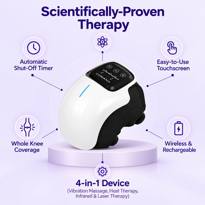 LUMANA wireless knee massager with heat, vibration and infrared light, touchscreen, auto shut-off and rechargeable battery
