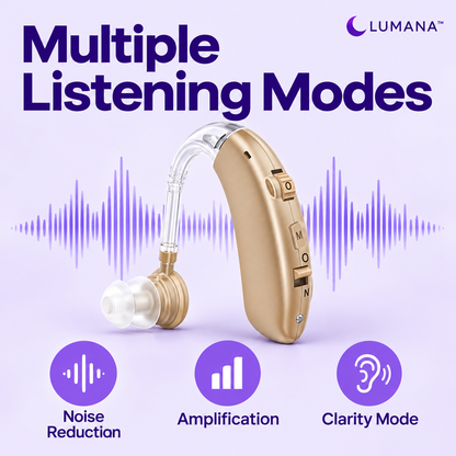 Lumana rechargeable hearing aid with noise reduction, amplification and clarity listening modes