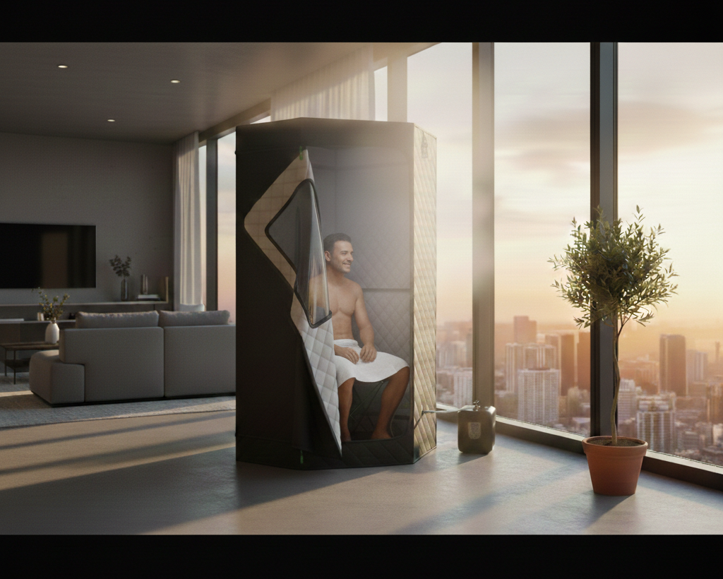 Wide-angle 1920x1080 banner showing a man sitting comfortably inside a black portable steam sauna in a luxury lifestyle condo. He is shirtless with a towel wrapped around his waist, looking out of floor-to-ceiling windows at a city skyline during sunset. The room features modern furniture, a large TV, and a potted olive tree, creating a serene, high-end atmosphere.