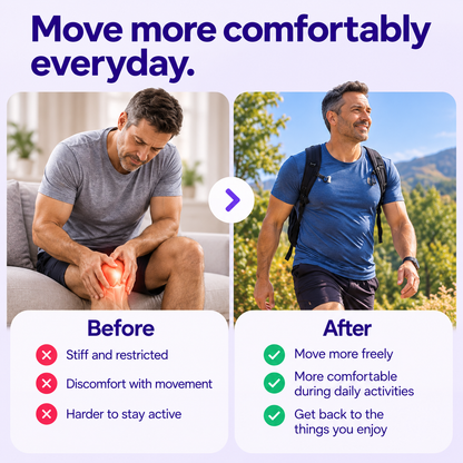 Man with stiff knee on the sofa, then hiking outdoors, comfortable during daily activity