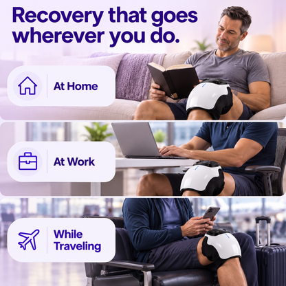 LUMANA wireless knee massager used at home on the sofa, at a work desk, and while traveling in an airport