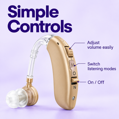 Lumana rechargeable hearing aid with easy volume and listening mode controls