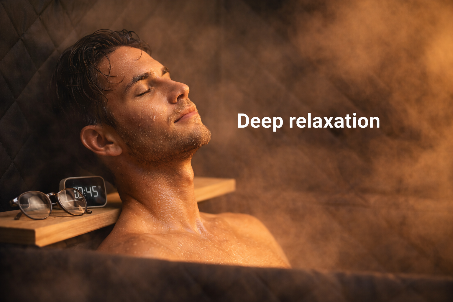 High resolution close-up of a young man relaxing inside a steam sauna, skin covered in mist and water droplets, eyes closed, surrounded by warm golden steam and soft ambient lighting.