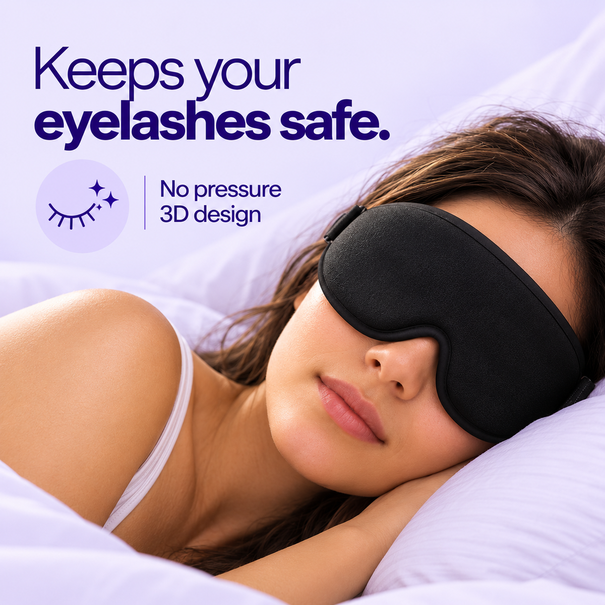 A woman lying in bed wearing a black lumana sleep mask, with promotional text reading 'Keeps your eyelashes safe. No pressure 3D design' on a light lavender background.