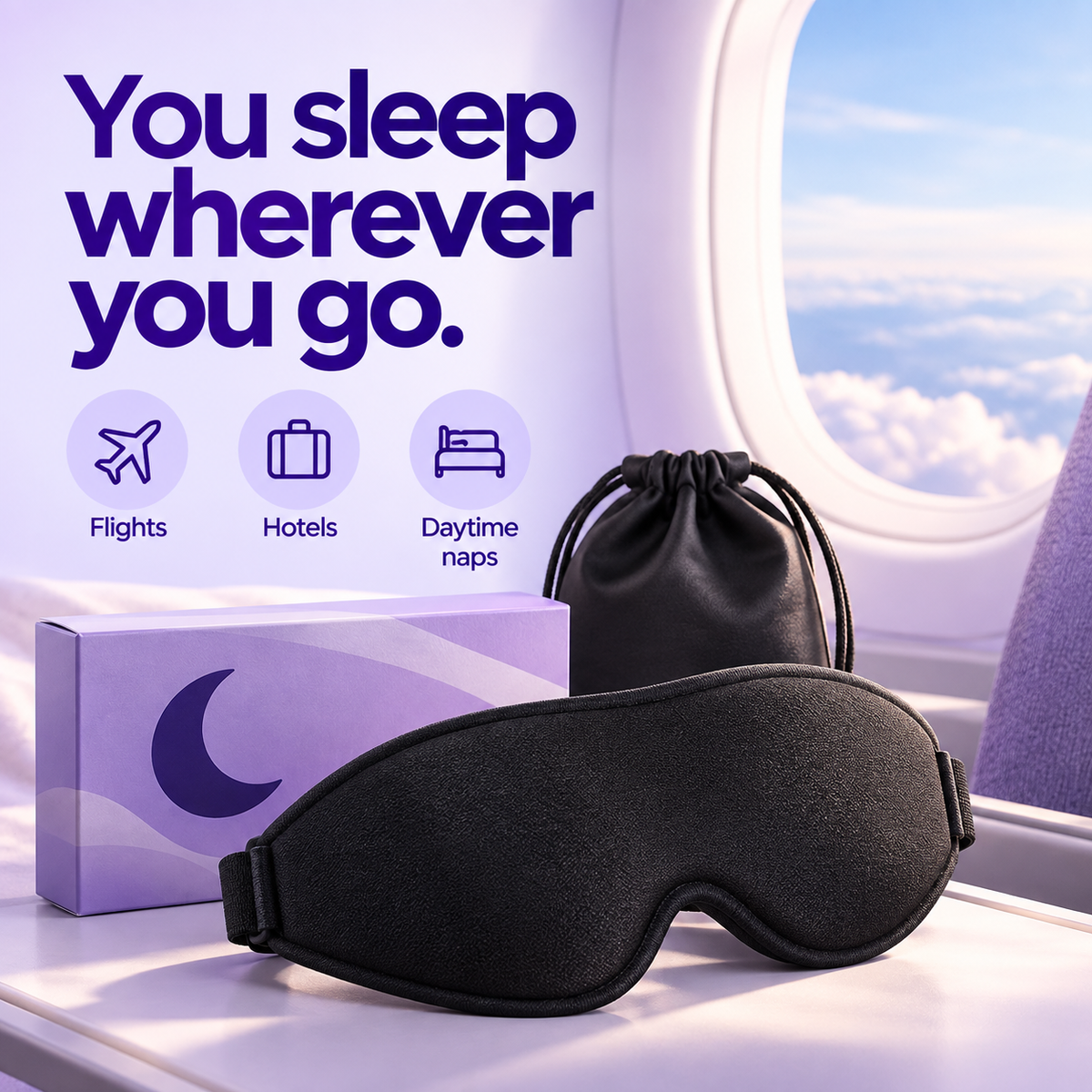 A lumana black sleep mask and matching black drawstring pouch are displayed on a tray table beside a purple box and a cloud-view airplane window, with the text 'You sleep wherever you go.' and icons for flights, hotels, and daytime naps.