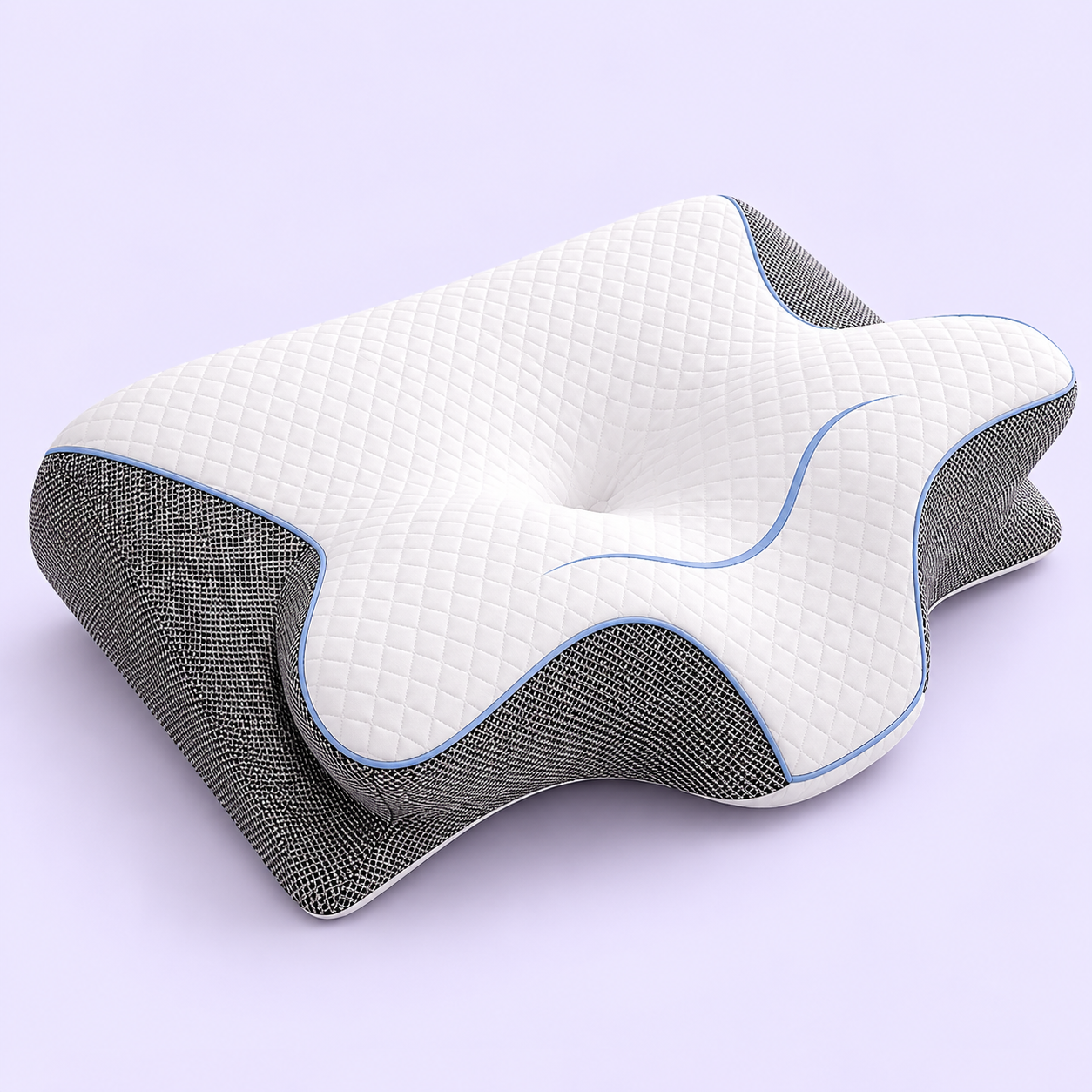A contoured ergonomic pillow with a quilted white top and textured gray sides, separated by a thin light blue piping accent, shown on a light lavender background.