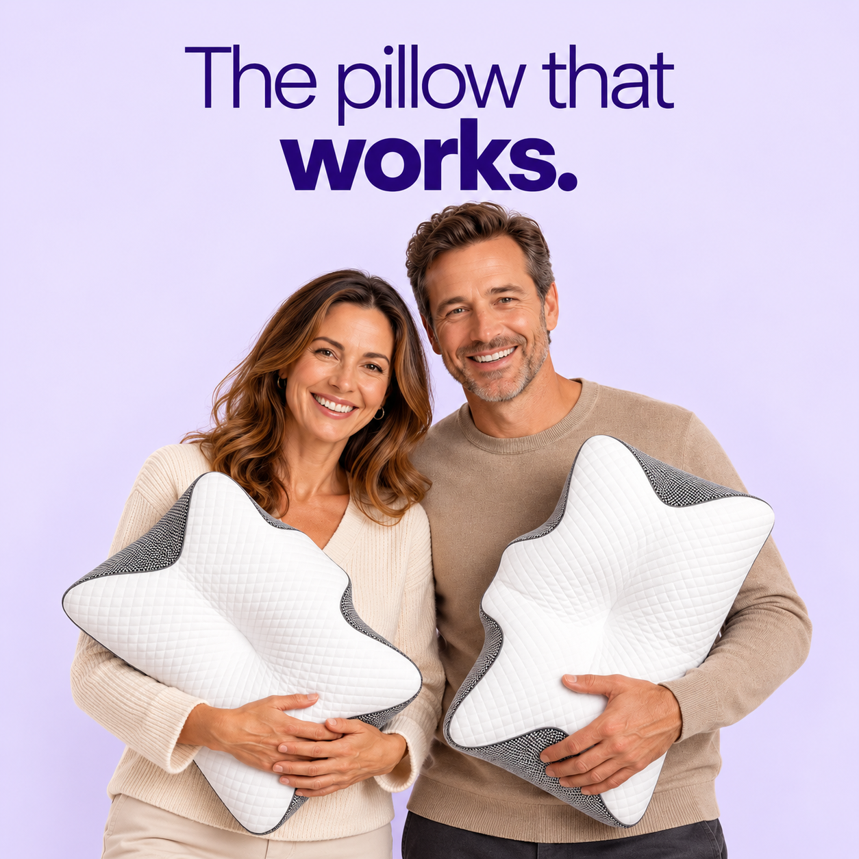 A smiling man and woman stand against a light lavender background holding matching white and gray lumana-cervical-neck-pain-relief pillows. Large text at the top reads, 'The pillow that works.