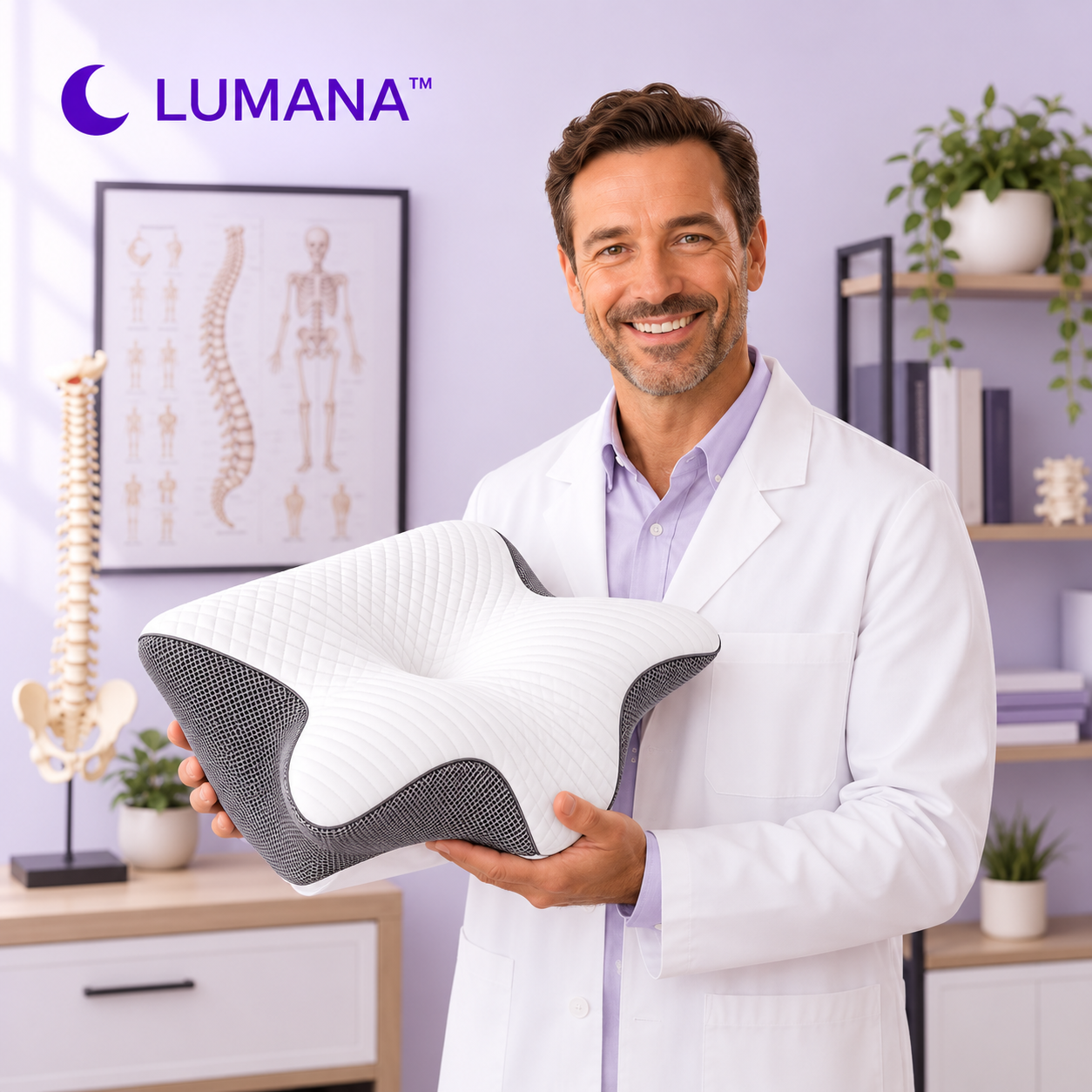 A smiling man in a white doctor's coat holds a Lumana cervical pillow in a brightly lit medical office. The pillow is white with dark gray textured side panels.