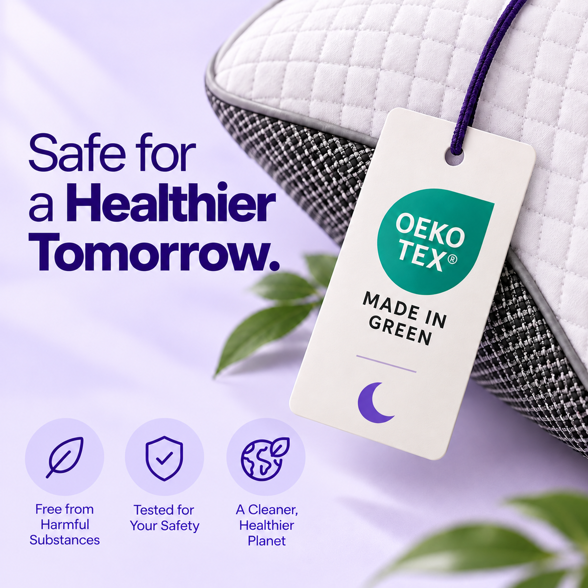 A close-up of a quilted mattress or cushion corner with a hanging OEKO-TEX tag reading 'MADE IN GREEN' on a soft lavender lumana background. Large text says 'Safe for a Healthier Tomorrow.