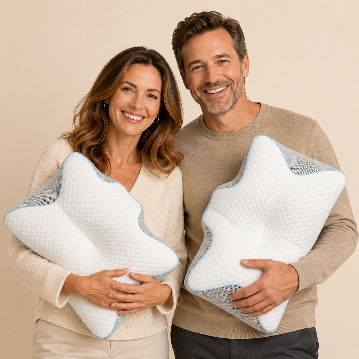 Couple holding LUMANA Relief Pro Pillows demonstrating comfort, support, and improved sleep quality.