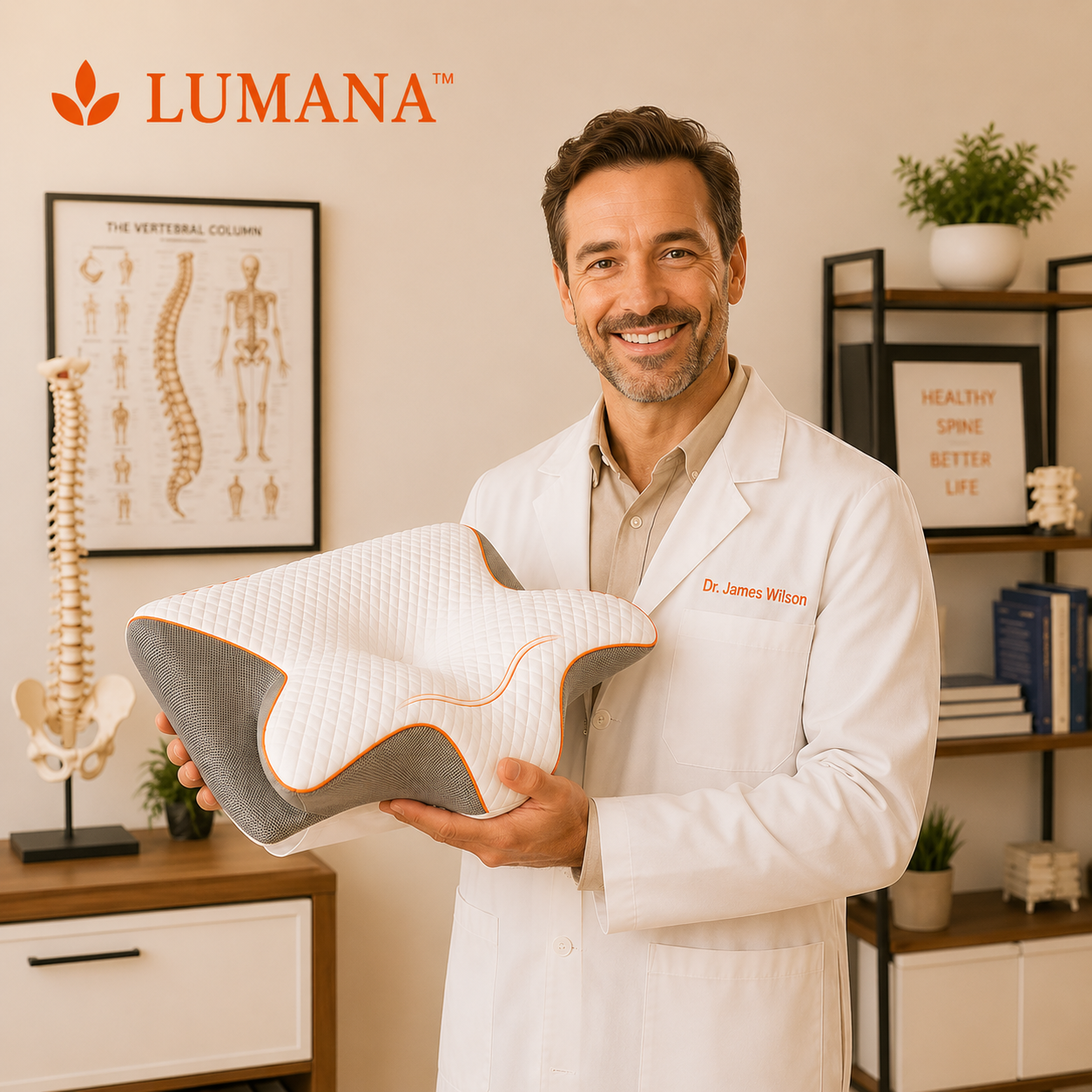 Healthcare professional presenting the LUMANA Relief Pro Pillow designed to promote healthy spinal alignment and neck support.