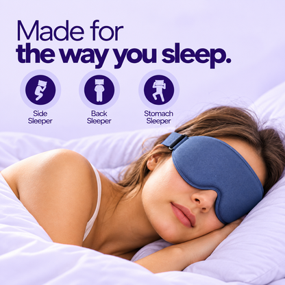 A woman sleeping on a white bed wearing a blue lumana sleep mask, with promotional text reading 'Made for the way you sleep.' and icons showing side, back, and stomach sleeper support.