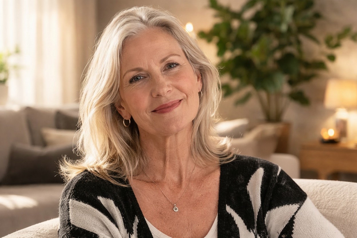 old lady after using knee massager relaxed